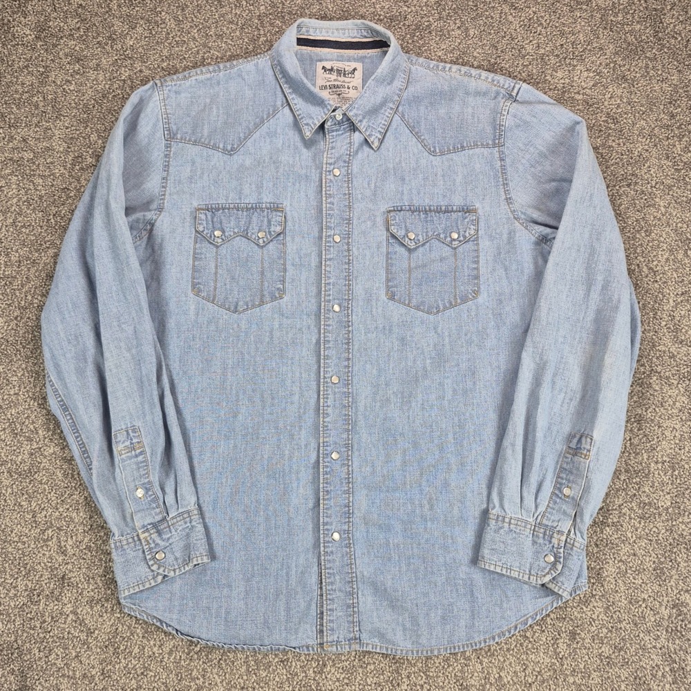 Levi's Denim Shirt Mens Large Blue Pearl Snap Sawtooth Long Sleeve Western
